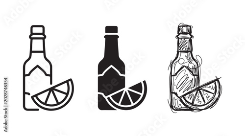Canvastavla Beverage bottle with a citrus wedge (lemon or lime slice), shown in outline, solid black, and hand-drawn sketch styles