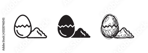 Foto Cracked egg icon set with broken shell in outline, solid, and sketchy styles