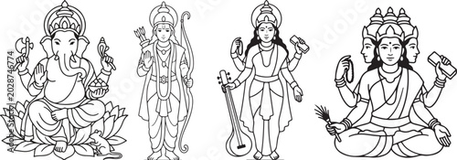 Bild auf Leinwand Vector outline illustration set of Hindu deities: Lord Ganesha, Lord Rama, Godde
