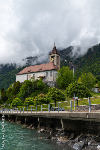 Church in Brienz with Lake and Mountains
