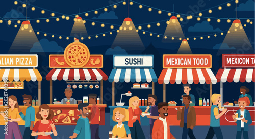 Diverse crowd enjoys a vibrant night food market with various international cuisine stalls.