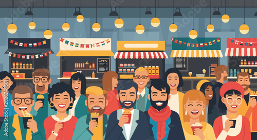 Diverse group of happy people enjoying drinks together.