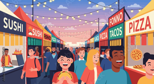 Diverse group of people enjoying a vibrant street food market.