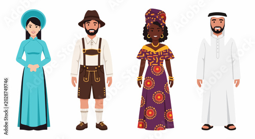 Diverse group of people in traditional clothing representing various cultures.