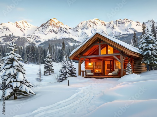 Cozy cabin in snowy mountain landscape.