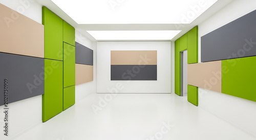 Minimalist 3 d of a modern living room with teal sofa, green armchairs, and wooden floor