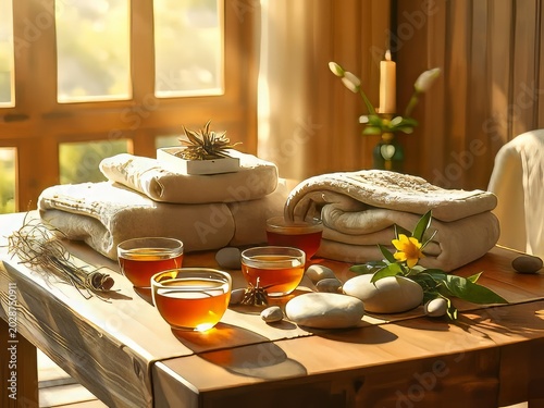 A serene spa setup with towels and tea.