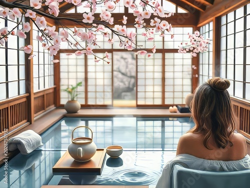 Woman relaxing in indoor pool with cherry blossoms.