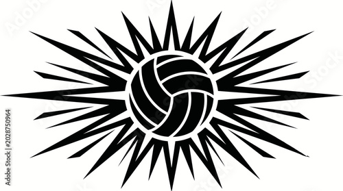 Black volleyball silhouette with sunburst.