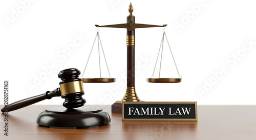 Golden balance scale and gavel on law book, symbolizing family law