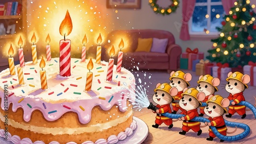 Cute anthropomorphic mice firefighters putting out birthday cake candles with a water hose, funny mouse firemen characters in red uniforms and yellow helmets, whimsical festive watercolor illustration