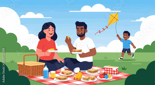 Happy family enjoying a picnic outdoors with food and fun.