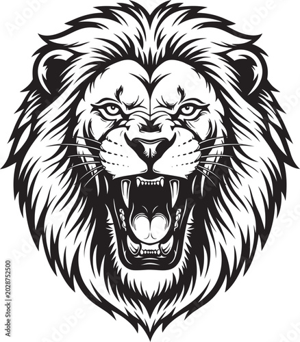 Fierce lion head front view vector illustration with big cat, black and white

