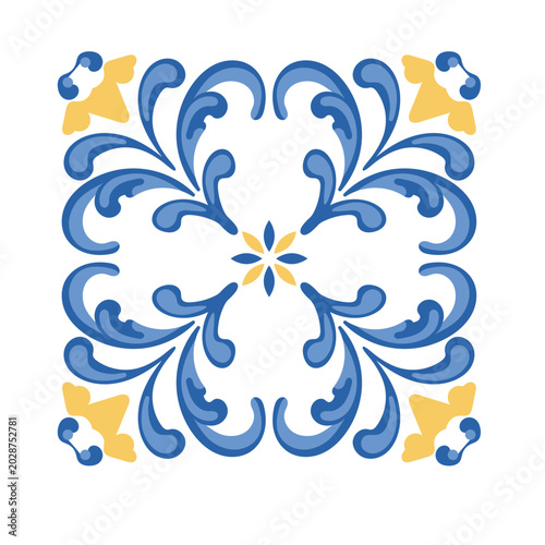Blue and yellow ornamental ceramic tile vector illustration, portuguese azulejo floral pattern, decorative vintage mosaic isolated on white background