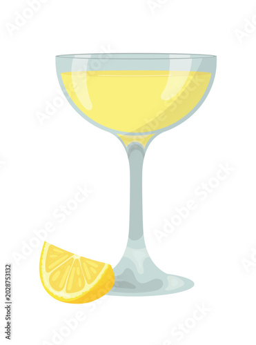 Elegant cocktail glass with lemon slice flat vector illustration isolated on white background. Refreshing citrus drink in transparent coupe glass design