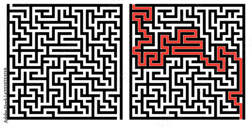 Konstfotografi Labyrinth game grid, vector illustration style, black and red on white, puzzle s