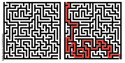 Quadro su tela Labyrinth game grid, vector illustration style, black and red on white, puzzle s