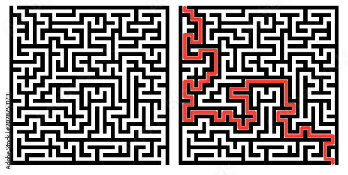 Tableau sur toile Labyrinth game grid, vector illustration style, black and red on white, puzzle s