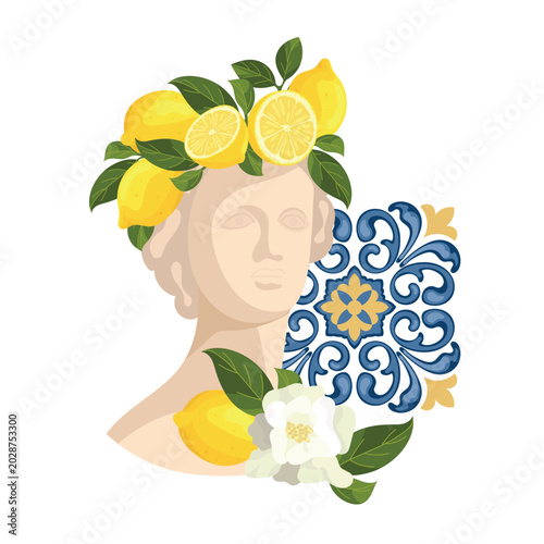 Schilderij op canvas Flat vector illustration of classical sculpture with lemon wreath, citrus flower