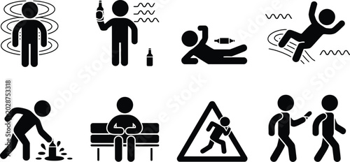 Fotografie Alcohol, intoxication icons, drunk men and women falling vomiting and showing ne