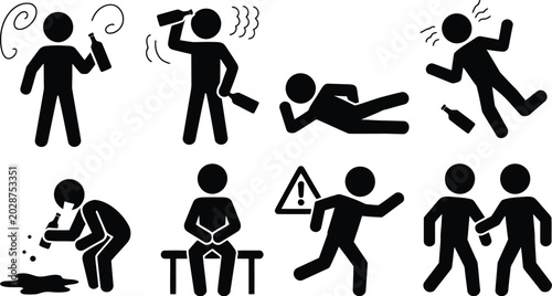 Photography Alcohol intoxication icons, drunk people experiencing falling vomiting and harmf
