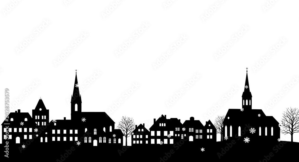Naklejka premium Black silhouette of a snowy town with church steeples and bare trees on a white background