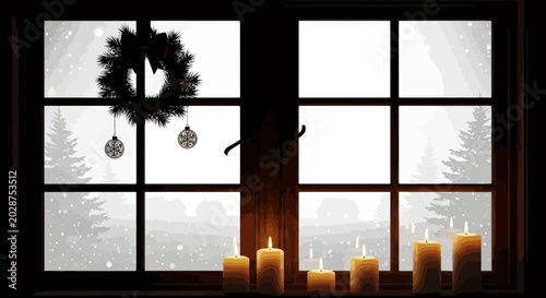 Foto Cozy winter scene with candles and christmas decorations in a dark room on a sno