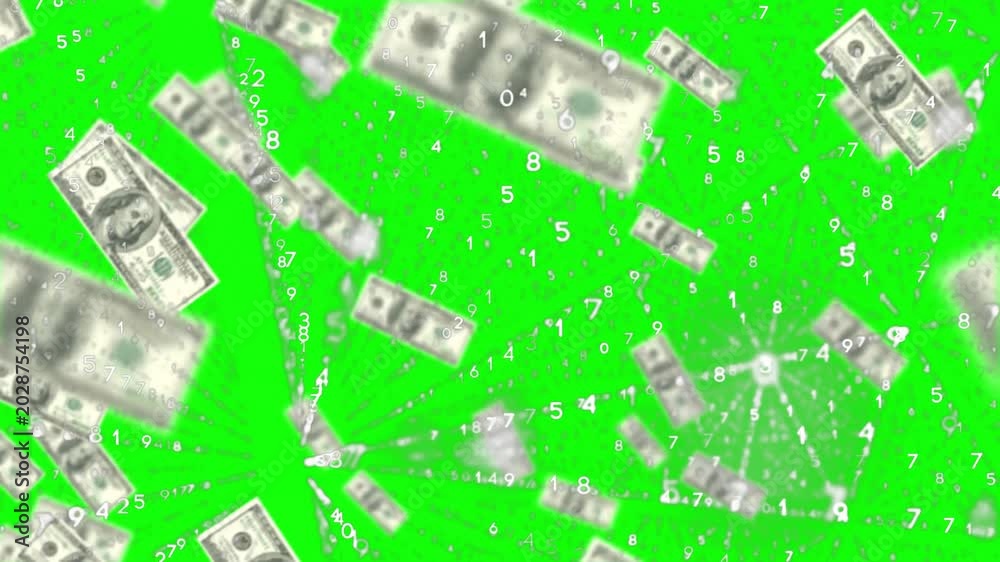 Gray bills and digits spiraling rotating shrinking inward on burst ...