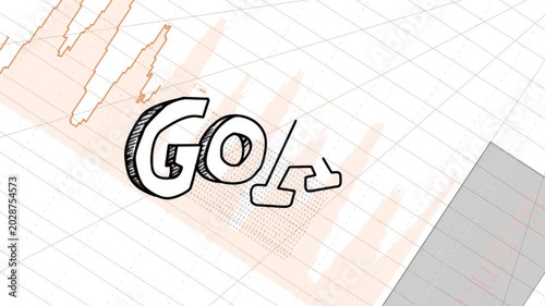 Short arc appearing, sketch strokes forming GOAL, revealing halftone panel and orange waveform