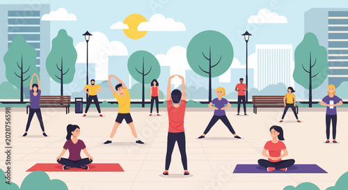 Diverse group of people exercising outdoors in a park setting.