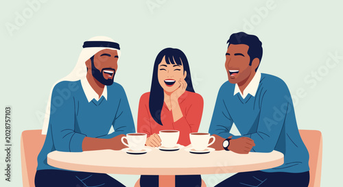 Diverse friends laughing and enjoying coffee together at a cafe.