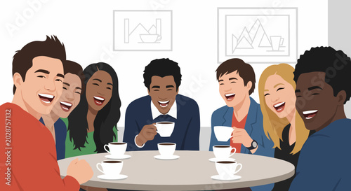 Diverse Group of Friends Laughing and Enjoying Coffee Together.