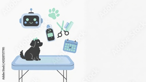 Illustrative concept featuring a dog on a grooming table with pet care tools and a robot, ideal for marketing pet services, digital grooming platforms, and veterinary business promotion.