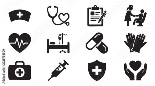 Collection of black medical and healthcare icons representing healthcare services equipment and symbols of wellness including a nurse cap stethoscope clipboard patient care heartbeat hospital bed