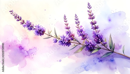 Delicate Purple Lavender Sprig Arranged on Soft Watercolor Background
