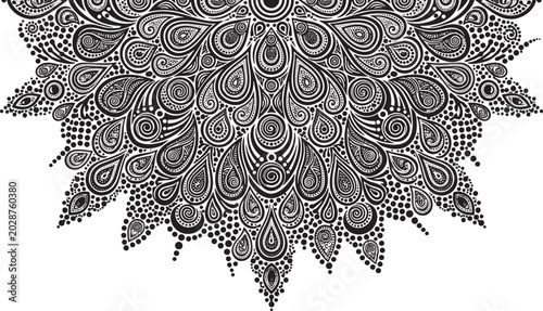 Intricate black and white mandala pattern with paisley and floral elements