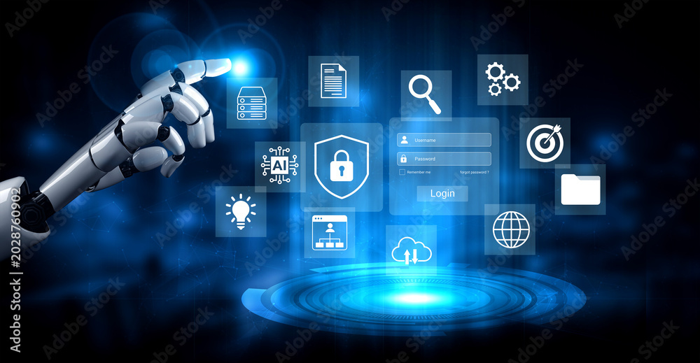 Fototapeta premium A futuristic robotic hand points to a digital interface full of icons, symbolizing advanced technology and security in modern data management and online services. Gantry