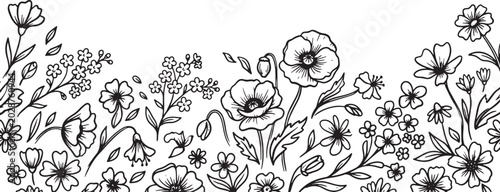 Seamless floral border with hand drawn poppies and wildflowers isolated