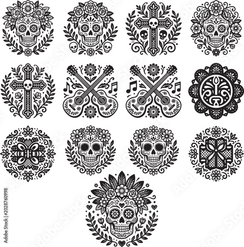 Set of day of the dead sugar skulls and traditional mexican folk art elements
