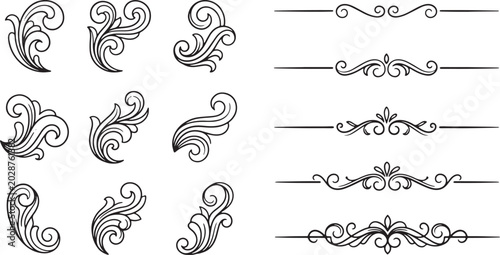 Set of vintage floral scroll ornaments and decorative dividers