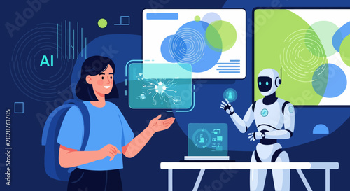 Woman Interacting with Robot and Artificial Intelligence Technology.