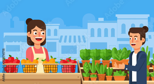 Woman selling fresh produce at a market stall to a customer.