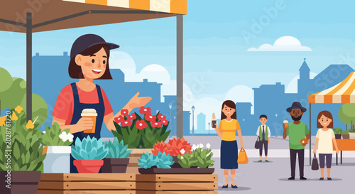 Woman selling flowers and plants at an outdoor market stall.