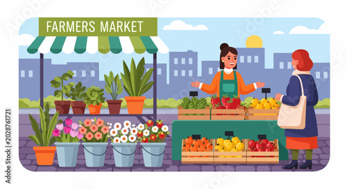Woman selling fresh produce and flowers at a farmers market stall.