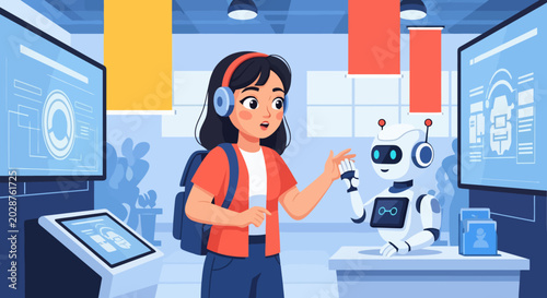 Young girl interacting with a friendly robot in a science museum exhibit.