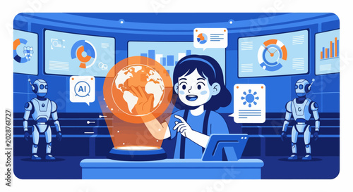 Young girl interacts with holographic globe and robots in futuristic control room.