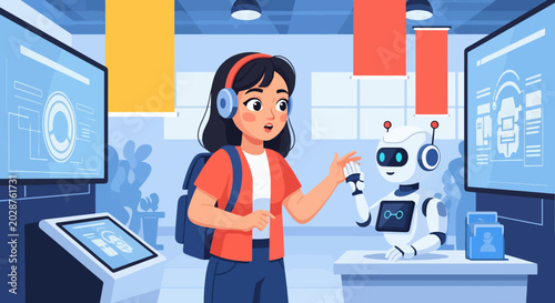 Young Girl Interacting with Robot at Science Museum Exhibit.