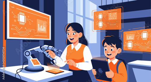 Young Woman and Boy Learning Robotics and Programming Together.