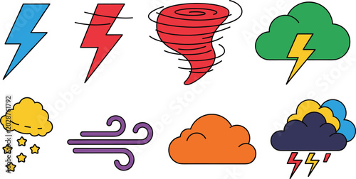 Foto Colorful Extreme Weather and Storm Icon Set with Lightning Bolt, Tornado, Thunde