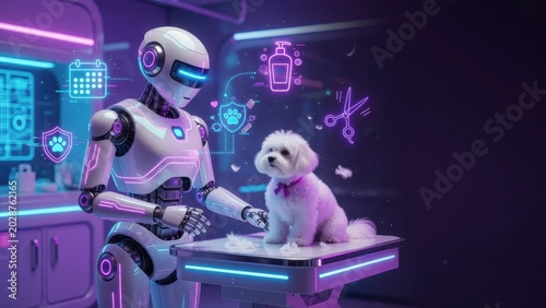 AI robot interacting with a small dog, surrounded by futuristic neon icons, illustrating advanced pet care services and smart technology solutions for modern businesses.